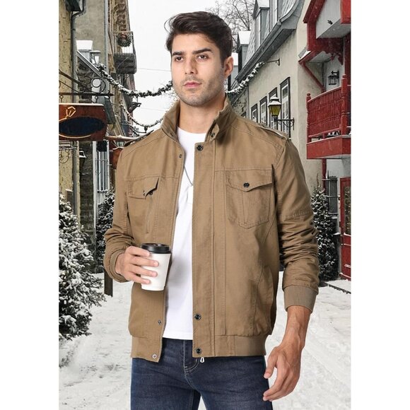 Men's Khaki  Winter Cargo Fleece Sherpa Lined Casual Windproof Bomber Jacket - Picture 6 of 6